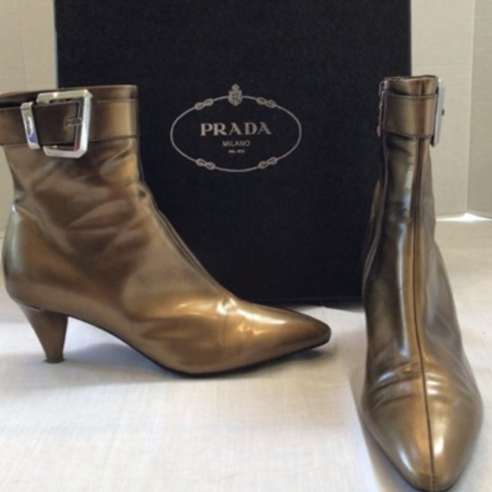 Vintage Prada Gold Patent Leather Boots W Cone Heels & Silver Buckles in Size 37